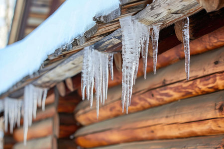 Icicles formed from frozen water hanging gracefully from the roof of a rustic log cabin, Thick icicles hanging from the eaves of a rustic log cabin, AI Generatedの素材