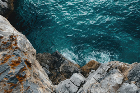 Majestic View of the Ocean From a Cliff, Top view of a calm sea brushing against harsh rock faces, AI Generatedの素材