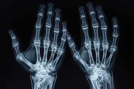 This x-ray captures the intricate details of a human hand and wrist, revealing the bones and joints in clear, precise detail, Three-dimensional X-ray film of a human's phalanges, AI Generatedの素材