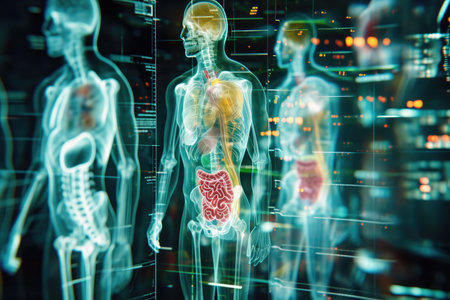 Detailed 3D Image of Human Body and Organs Revealing Internal Structure, Three-dimensional X-ray of the human endocrine system, AI Generatedの素材