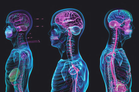 Three Views of the Human Body: Skeletal, Muscular, and Nervous Systems and Their Functions, Three-dimensional X-ray of the human endocrine system, AI Generatedの素材