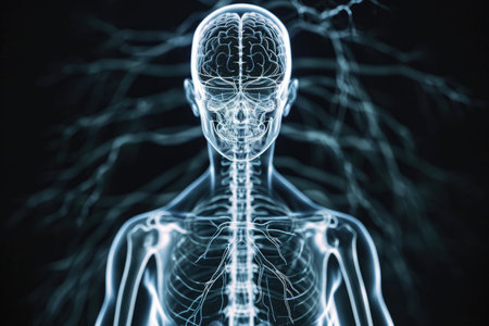 This image showcases the intricate details of the human skeleton, highlighting its structure and composition, Three-dimensional X-ray representation of the human ear, AI Generatedの素材