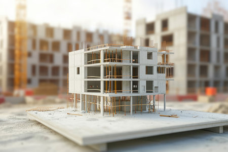 Model of a Building at a Construction Site, Three-dimensional building model within the backdrop of a construction site, AI Generatedの素材