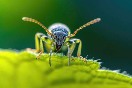 A detailed shot showcasing a bug up close as it rests on a vibrant green leaf, Tiny insect on a leaf captured in macro, AI Generatedの素材