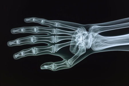 An x-ray image capturing the intricate structures of bones and joints in a human hand and wrist, Three-dimensional X-ray representation of the human ear, AI Generatedの素材