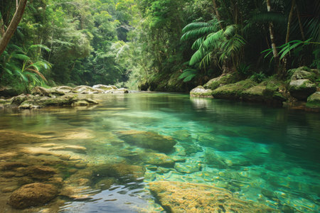 A powerful river cuts through a dense forest, with a multitude of green trees and rocks creating a captivating landscape, Tranquil scene of a rainforest with a crystal clear river, AI Generatedの素材
