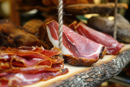 A diverse selection of hams and other meats arranged on a wooden table, showcasing various cuts and flavors, Traditional Spanish Iberico ham beautifully displayed, AI Generatedの素材