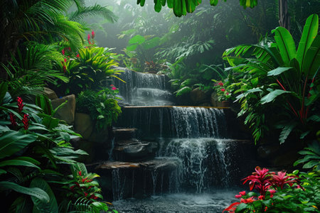 A powerful waterfall cascades down rocks in the center of a vibrant green forest, creating a spectacle of natures force and beauty, Tropical rainforest with multi-level waterfall, AI Generatedの素材
