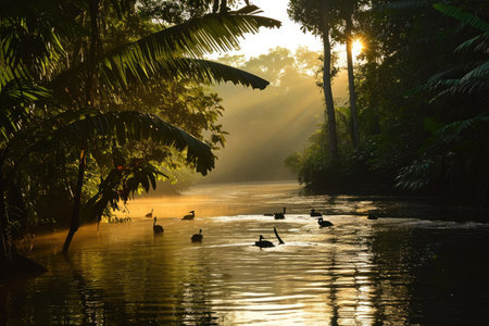 A collection of ducks floating on the surface of a river, Tropical river with animal silhouettes in the rainforest, AI Generatedの素材
