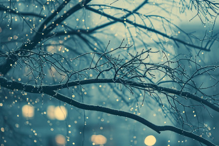 A close-up photo of a tree branch covered in water droplets, glistening in the sunlight, Tree branches formed with binary numbers, AI Generatedの素材