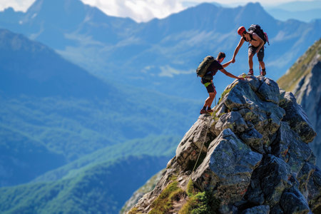 A couple of people stand triumphantly on top of a mountain, admiring the expansive landscape, Two climbers on a mountain trek, one lending a helping hand during the ascent, AI Generatedの素材