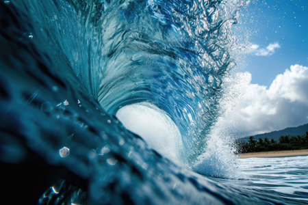 A powerful, large blue wave crashes and breaks into the ocean, creating a dramatic display of natural force, Tunnel vision of a surfing wave, AI Generatedの素材