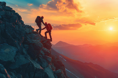 Two individuals are scaling a formidable mountainside, persevering through the challenging ascent, Two adventurers, one helping the other to reach the mountain crest, AI Generatedの素材