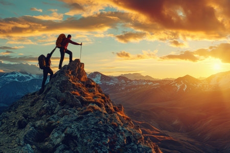 Two individuals proudly stand on the highest point of Mount Everest, taking in the breathtaking views, Two friends conquering a mountain together with one helping the other, AI Generatedの素材