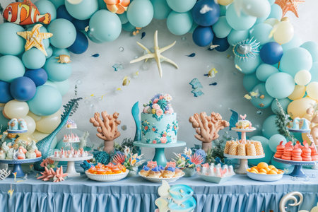 A table adorned with a variety of delectable cakes and desserts, all beautifully presented beneath a colorful array of balloons, Under-the-sea birthday party with mermaids and fishes, AI Generatedの素材