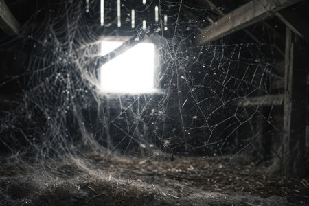A detailed spider web stretches across the dark room, illuminated by a subtle source of light, Unnaturally large spiders creating intricate webs in an old, abandoned barn, AI Generatedの素材