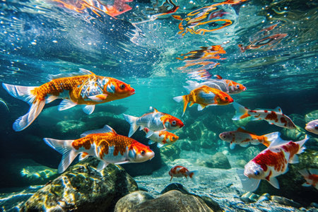 A group of fish swim together in the clear blue water, creating a lively and dynamic underwater scene, Underwater view of whimsical, colorful fish in a clear blue river, AI Generatedの素材