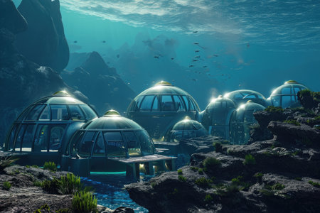 A group of modern, high-tech houses floating on the ocean surface, showcasing futuristic architecture and sustainable living, Underwater dome colony on an extraterrestrial ocean planet, AI Generatedの素材