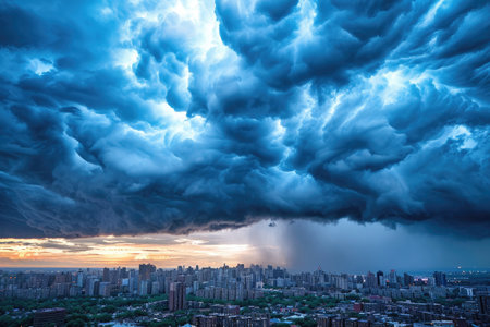 A massive cloud dominates the sky above a bustling city, casting shadows over the buildings and creating a striking contrast, Unpredictable weather, mirroring economic turbulence, AI Generatedの素材