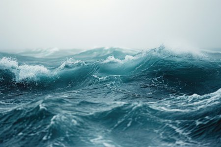 A large body of water covered in powerful waves crashing onto the shoreline with force, Unsettled, choppy ocean waves in an unrestful sea, AI Generatedの素材