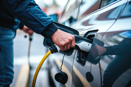 A man is seen pumping gas into his car at a gas station, with other vehicles visible in the background, Up close image of hands plugging a charger into an electric vehicle, AI Generatedの素材
