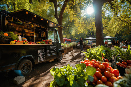 A food truck is parked alongside a lush forest, surrounded by towering trees, Vegan food truck in a sunlit public garden, AI Generatedの素材