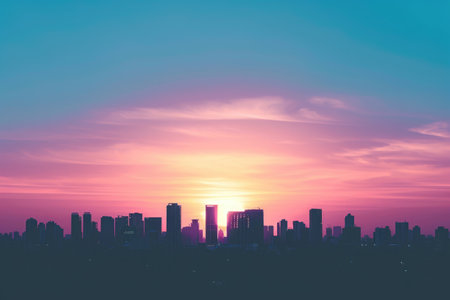 The sun sets over a city skyline, casting a warm, orange glow over the buildings and creating a beautiful evening view, Urban skyline silhouette against a pastel-colored sunset, AI Generatedの素材