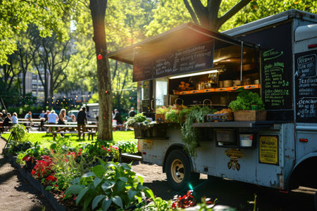 A food truck is parked on the side of a busy road, serving a variety of mouthwatering street food to hungry customers, Vegan food truck in a sunlit public garden, AI Generatedの素材