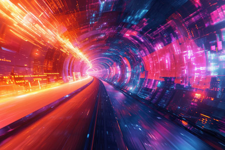 A tunnel filled with numerous bright lights creates a luminous and energetic ambiance, Vibrant, glowy futurism combined with abstract digital art, AI Generatedの素材