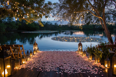 A beautifully arranged wedding setup showcasing a variety of candles and flowers placed on the ground, View of a calm and serene lake with floating lanterns and a petal-covered aisle, AI Generatedの素材