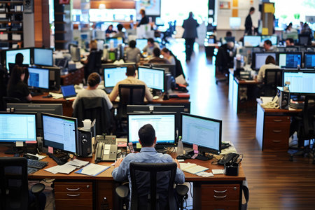 A man is sitting at a desk, surrounded by multiple computer monitors, engaged in work or study, View of a busy corporate office with people working on computers, AI Generatedの素材
