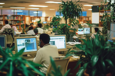 A man is seated at a desk, working in front of two computer monitors, View of a busy corporate office with people working on computers, AI Generatedの素材
