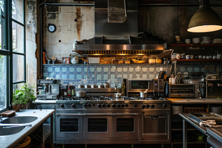 Spacious Kitchen With an Array of Pots and Pans, Vintage restaurant kitchen with weathered appliances and zero presence of people, AI Generatedの素材