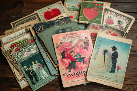 A colorful assortment of vintage Valentines Day cards showcasing various designs and themes from different eras, Vintage ValentineÃ¢â¬â¢s day postcards spread out, AI Generatedの素材