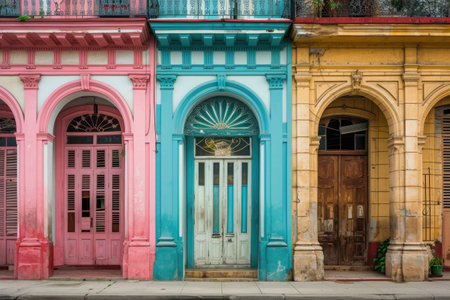 A row of vibrant doors in various colors adds a striking and distinctive element to the facade of a building, Vintage architecture in Cuba, AI Generatedの素材