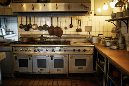 A Kitchen Filled With Numerous Pots and Pans, Vintage restaurant kitchen with weathered appliances and zero presence of people, AI Generatedの素材