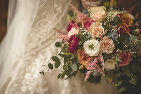 A beautiful bride holds a vibrant bouquet of flowers in her hands as she celebrates her special day, Vintage countryside wedding, AI Generatedの素材