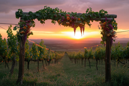 The sun is setting, casting warm golden light over the rows of vines in a picturesque vineyard, Vineyard during sunset, with an array of grapes and a wooden arch decorated with flowers, AI Generatedの素材