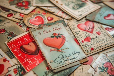 A stack of Valentines Day cards with various heart designs, arranged in a neat pile, Vintage ValentineÃ¢â¬â¢s day postcards spread out, AI Generatedの素材