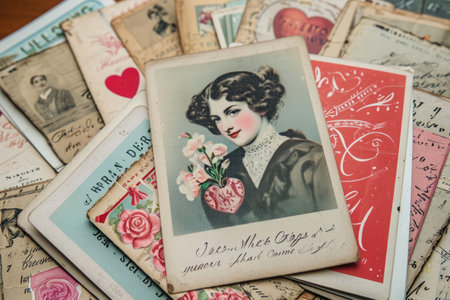 A pile of old-fashioned Valentines Day cards, featuring intricate designs and romantic messages, arranged in a messy but nostalgic stack, Vintage ValentineÃ¢â¬â¢s day postcards spread out, AI Generatedの素材