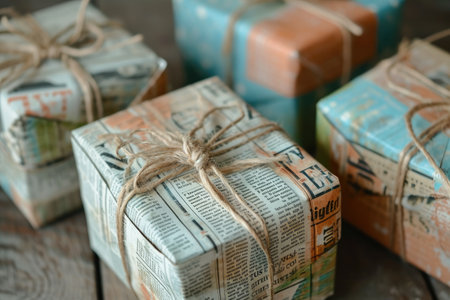 A collection of beautifully wrapped presents are arranged neatly on top of a wooden table, Vintage-style gift boxes covered with newspaper print wrapping paper, AI Generatedの素材