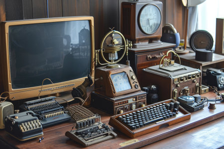 Modern Desk With Computer Monitor and Keyboard, Virtual assistant devices from different eras blending old and new technology, AI Generatedの素材