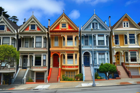 A colorful row of houses in San Francisco, California, showcasing the vibrant architecture of the city, Vintage Victorian homes in San Francisco, AI Generatedの素材