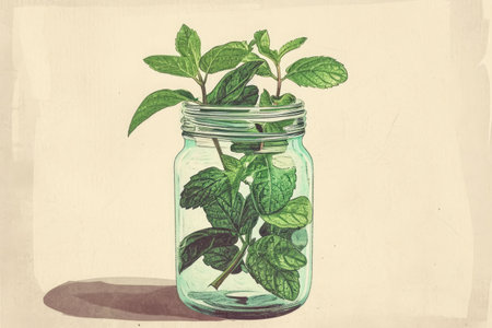 A ceramic jar with a small plant sprouting inside sits on a windowsill, receiving sunlight, Vintage-style illustration of mint in a pharmaceutical jar, AI Generatedの素材