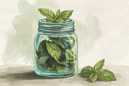 A jar filled with freshly picked green leaves sits prominently on top of a sturdy table, Vintage-style illustration of mint in a pharmaceutical jar, AI Generatedの素材