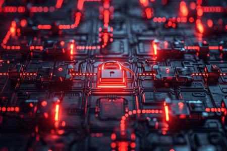 A close-up photo of a padlock securely fastened on a computer circuit board illuminated by red lights, Visualisation of a strong password resisting hacking attempts, AI Generatedの素材