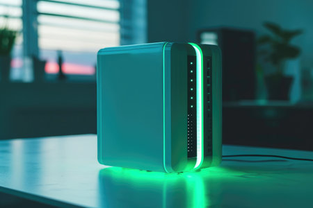 A green box sits on a table, creating a vibrant contrast against the surface, Visualize a NAS device in a stylish, modern tech design, AI Generatedの素材