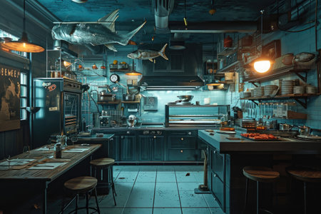 Spacious Kitchen With Abundant Counter Top Area, Visual representation of a seafood restaurant's kitchen that is currently inactive, AI Generatedの素材