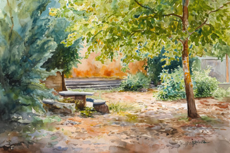 A Painting of a Bench in a City Park at Sunset, Watercolor painting of a tranquil rehabilitative therapy, AI Generatedの素材