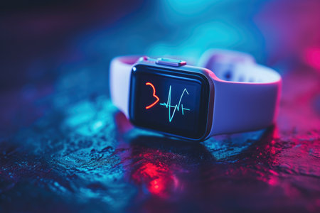 A smart watch is seen placed on top of a table, showcasing its design and functionality, Wearable technology detecting heartbeat irregularities, AI Generatedの素材